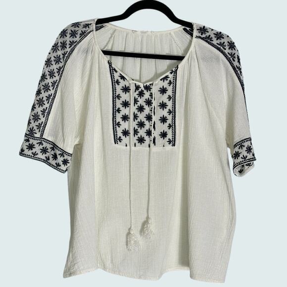 Mango MNG Casual White and Navy Embroidered Boho Peasant Blouse (L) - Picture 1 of 10